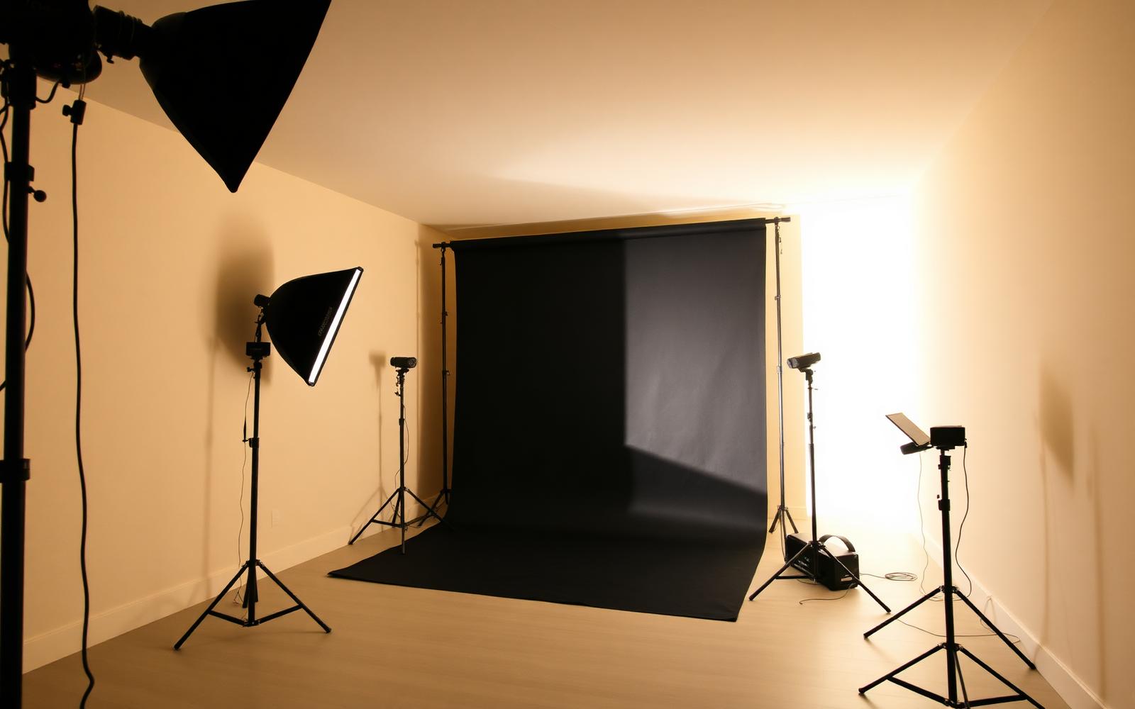 Interior do estúdio fotográfico com softboxes e fundo de estúdio