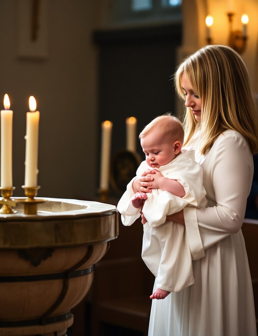 Bebé ao colo junto à pia batismal iluminada por velas