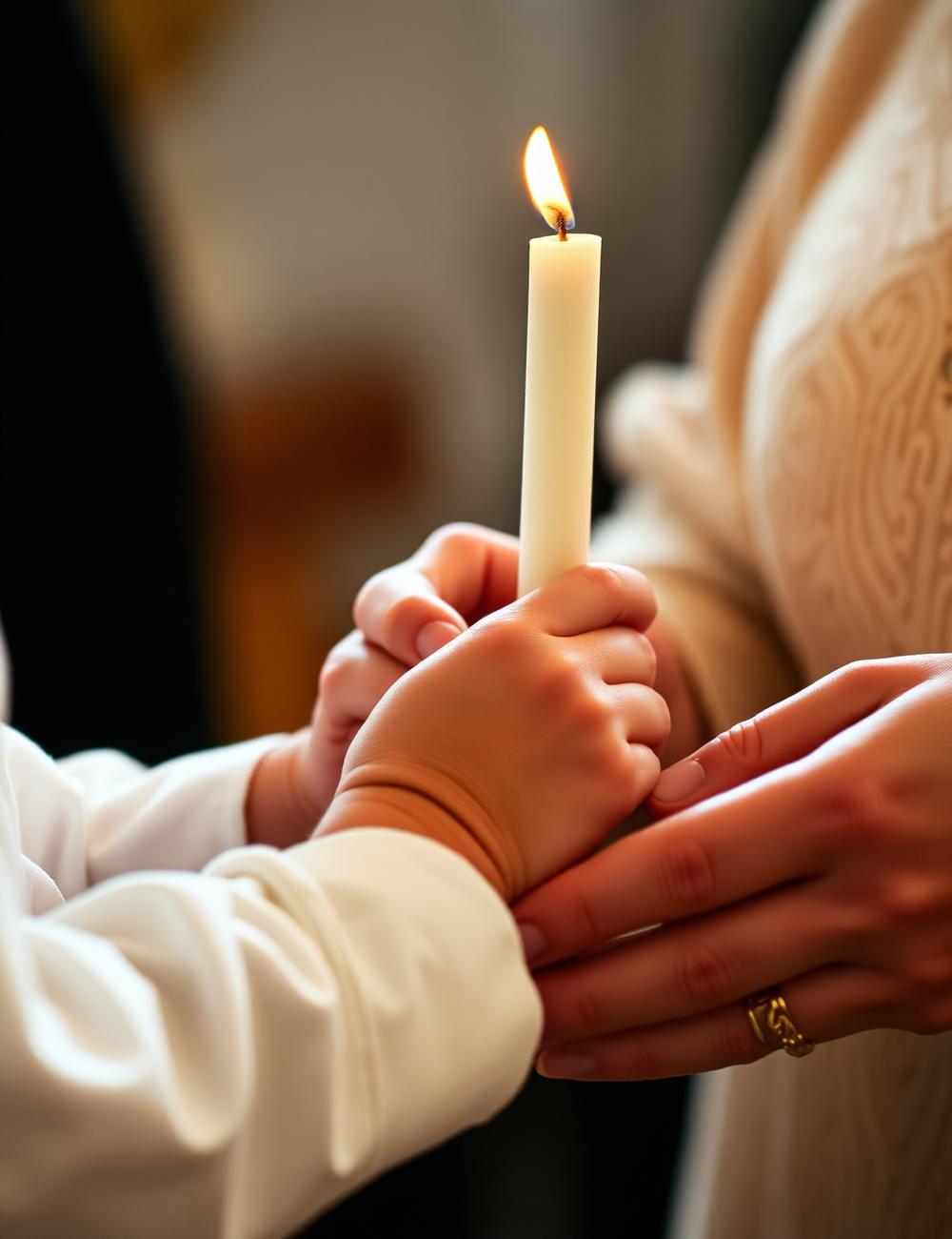 Mãos de bebé a segurar uma vela de batismo