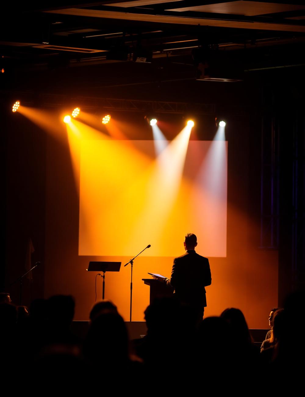 Orador em palco durante um evento institucional