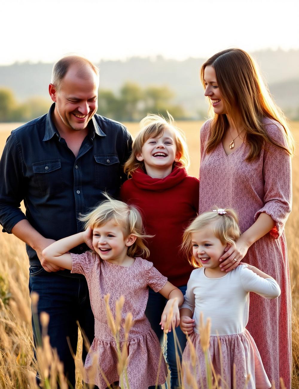 Família a sorrir num campo ao fim da tarde